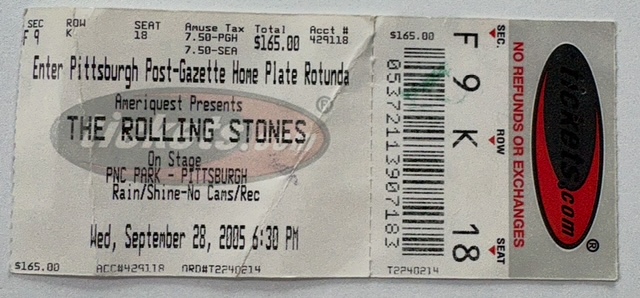 Original Rolling Stones ticket with Pearl Jam opening in Pittsburgh, dated September 28, 2005.