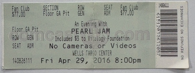 Original Pearl Jam Ten Show ticket in Philadelphia, dated April 29, 2016.