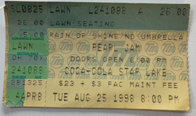 Original Pearl Jam and Iggy Pop ticket in Pittsburgh, dated August 25, 1998.